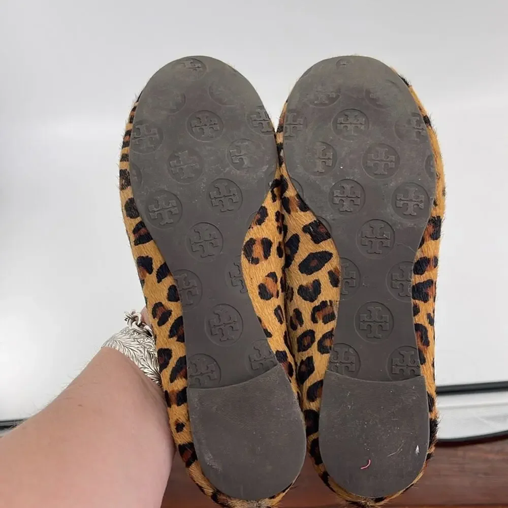 Tory Burch Reva calf skin leather leopard print slip on ballet flat shoes sz 6.5